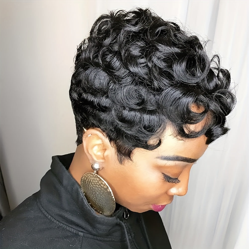 Flattering Pixie Cut Wig - Chic Bangs & Luxurious Curly Texture - Daring Black-Silver Blend Short Synthetic Wig with Dramatic Deep Wave - Effortlessly Layered Style for Women